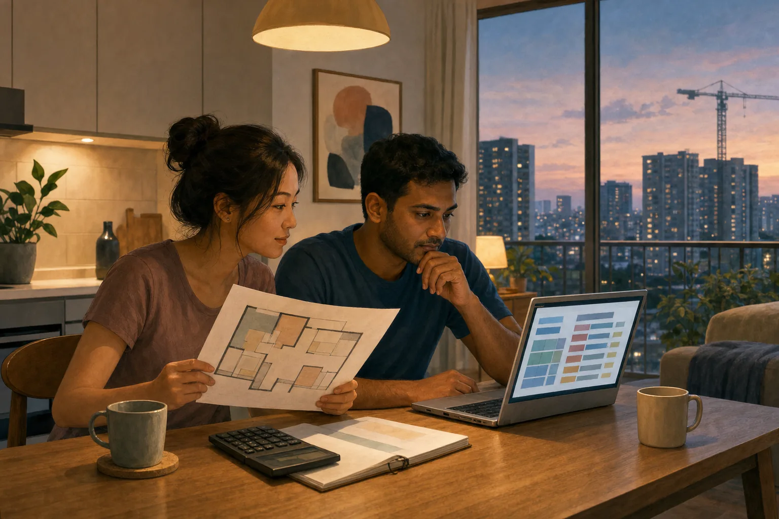 A couple at a kitchen table comparing a printed floor plan with a laptop and a calculator, residential towers outside the window