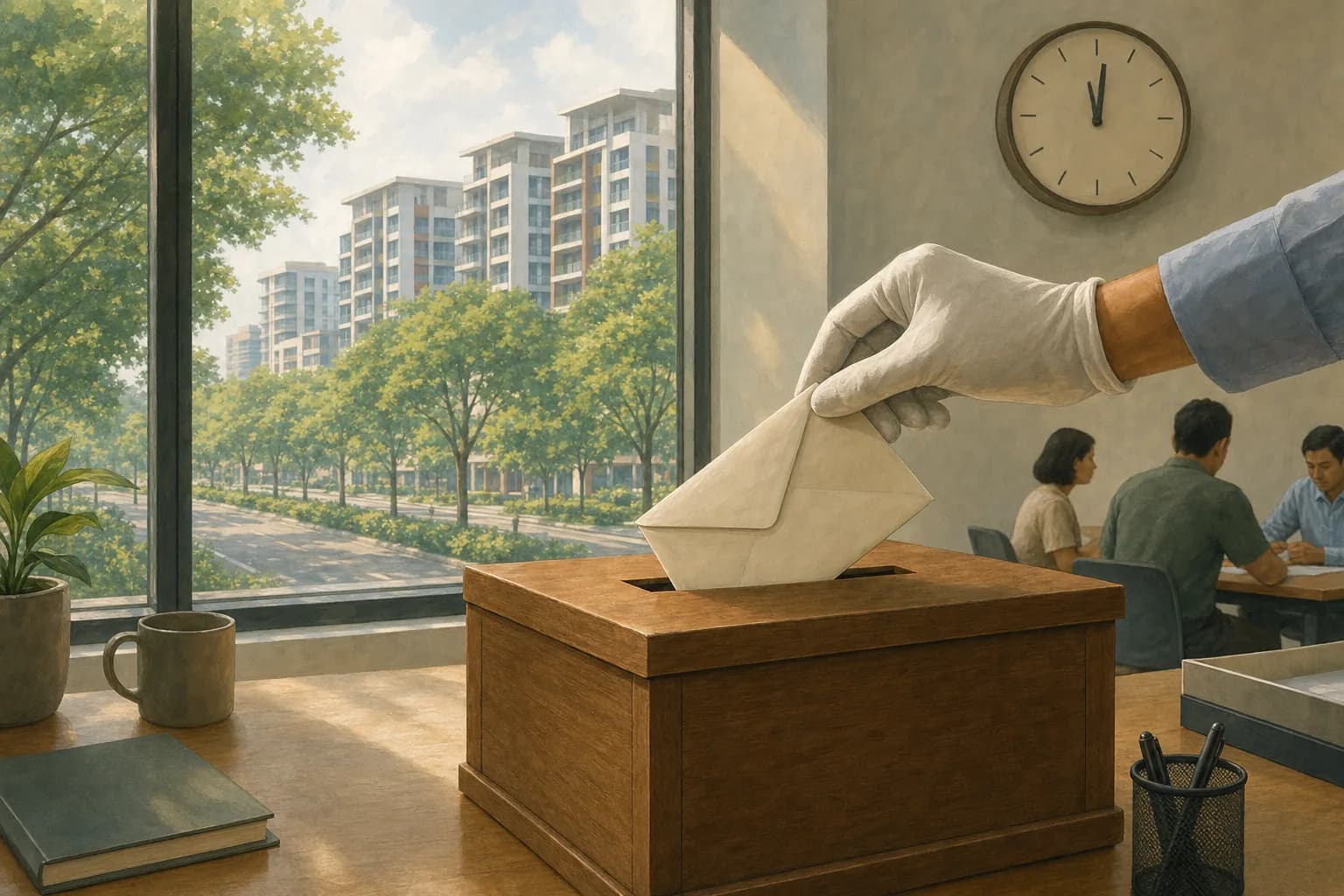 A gloved hand placing a sealed envelope into a wooden tender box on a desk, with a leafy boulevard and generic residential towers through the window behind