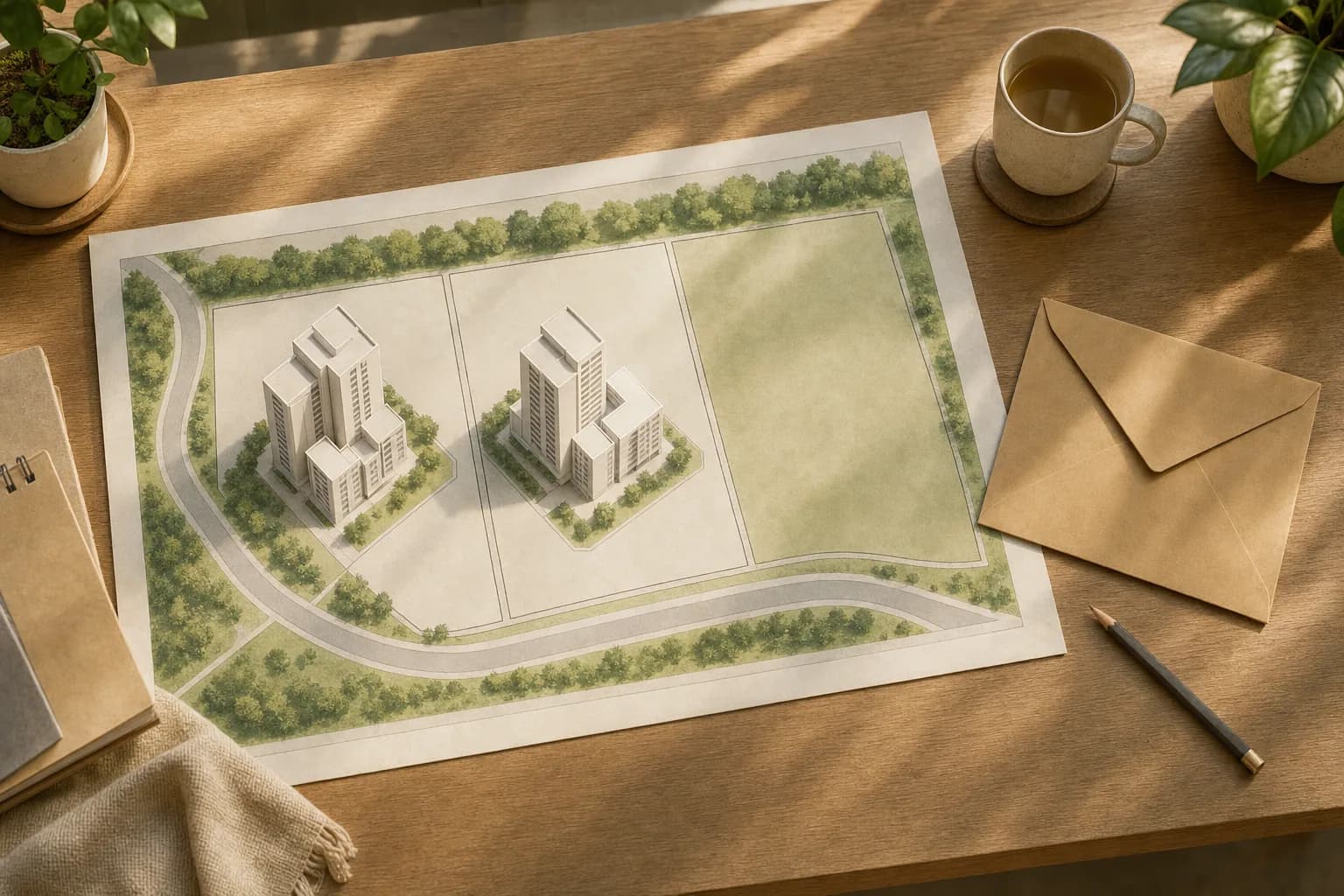 A plain land-use plan on a desk showing three adjoining plots, two with small model blocks and one left empty, beside a sealed envelope