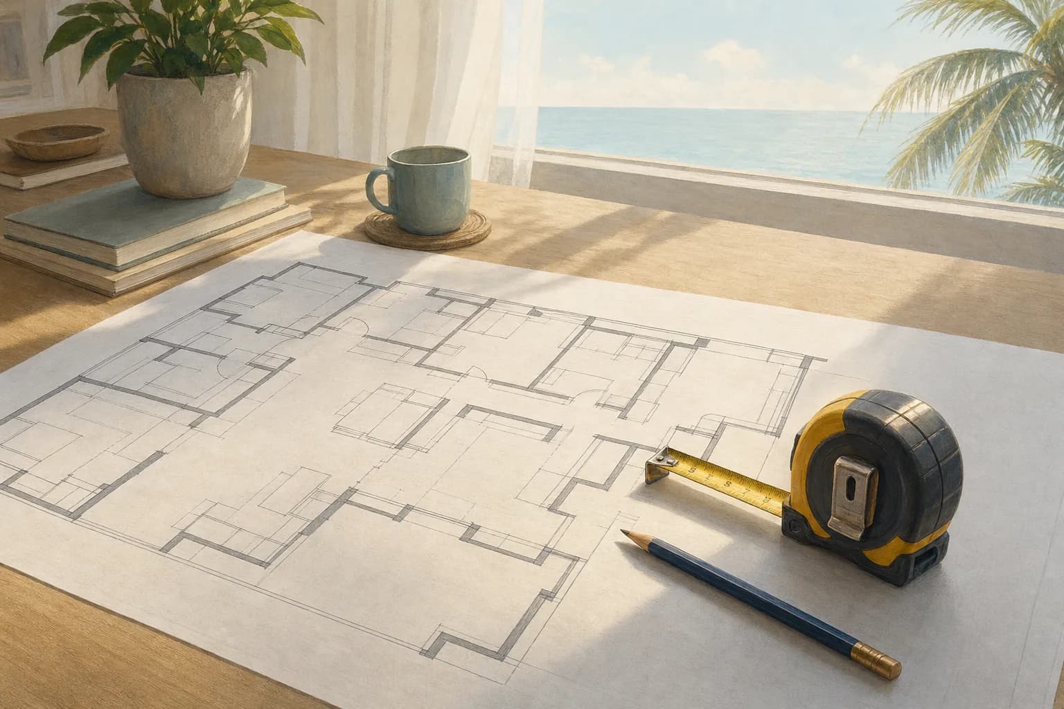 A tape measure and a pencil resting on a large blank floor plan of a spacious family apartment, on a desk by a window with soft coastal light