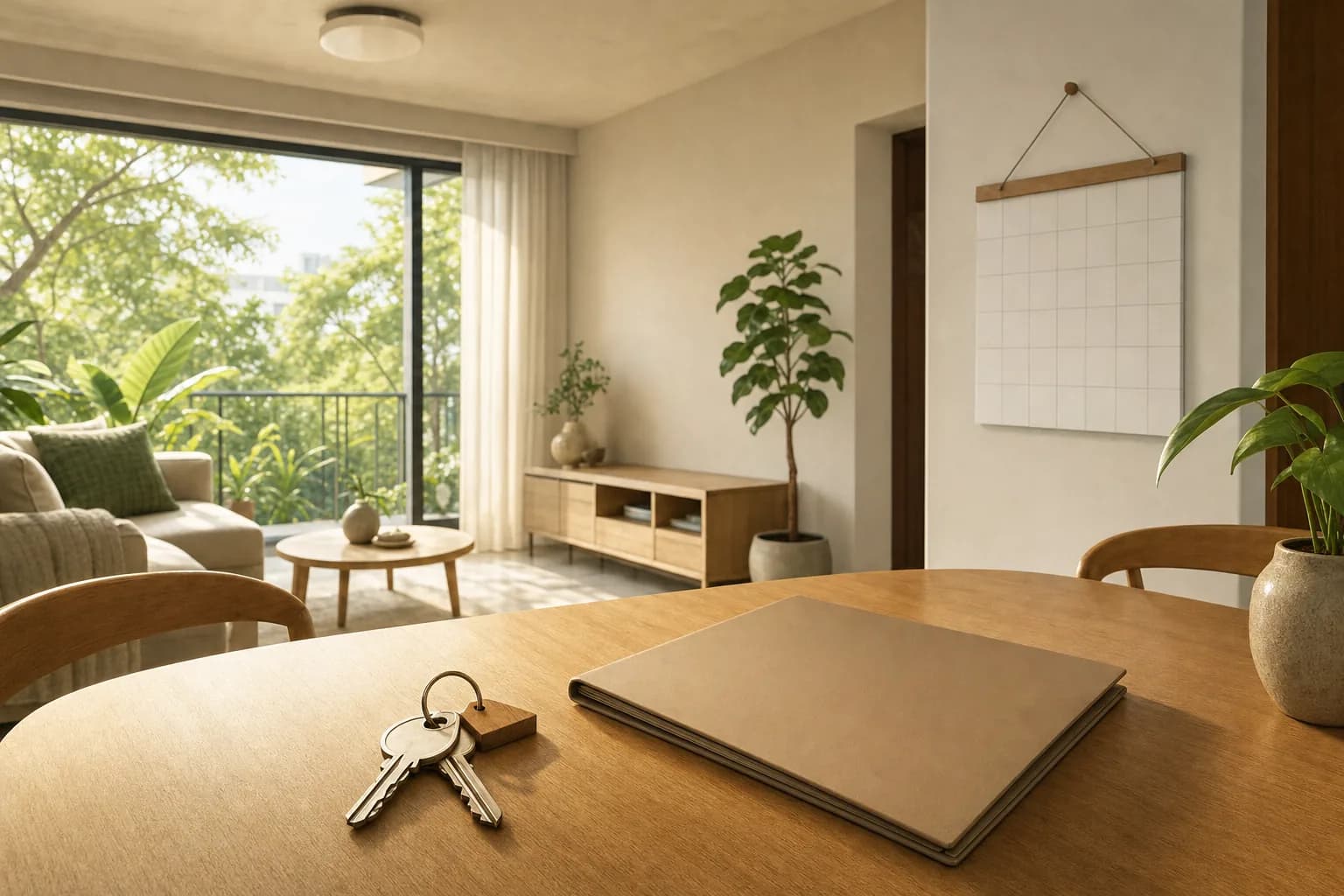 A set of house keys, a closed folder and a wall calendar in a bright, empty condominium living room with large windows