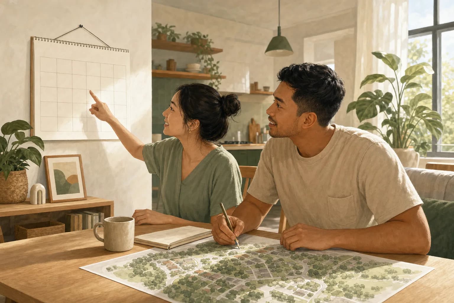 A couple at a kitchen table, one pointing at a blank wall calendar and the other marking a plain map of a leafy residential neighbourhood
