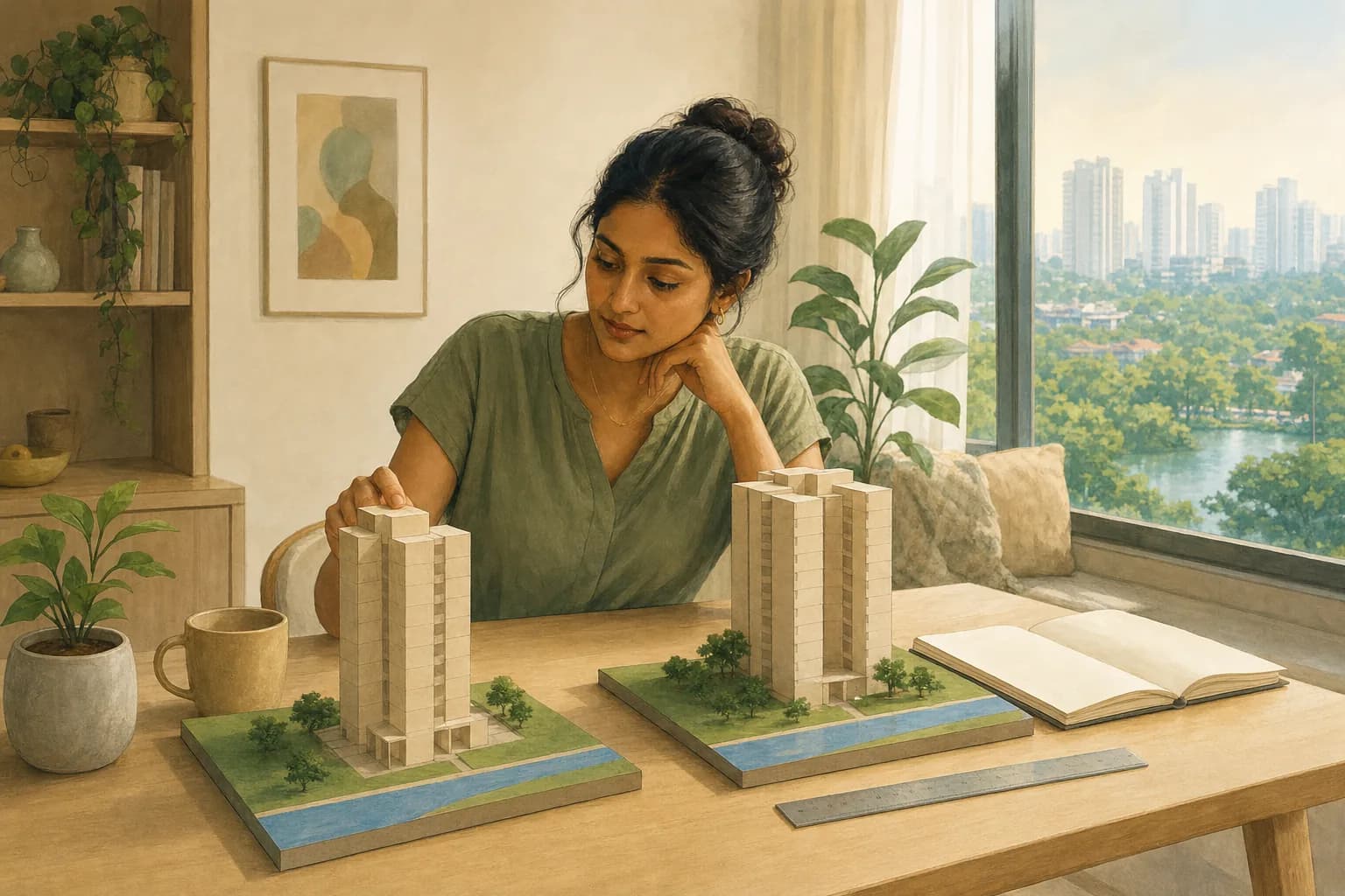A person at a desk comparing two plain cardboard site models of riverside apartment towers, with a notebook and a ruler beside them