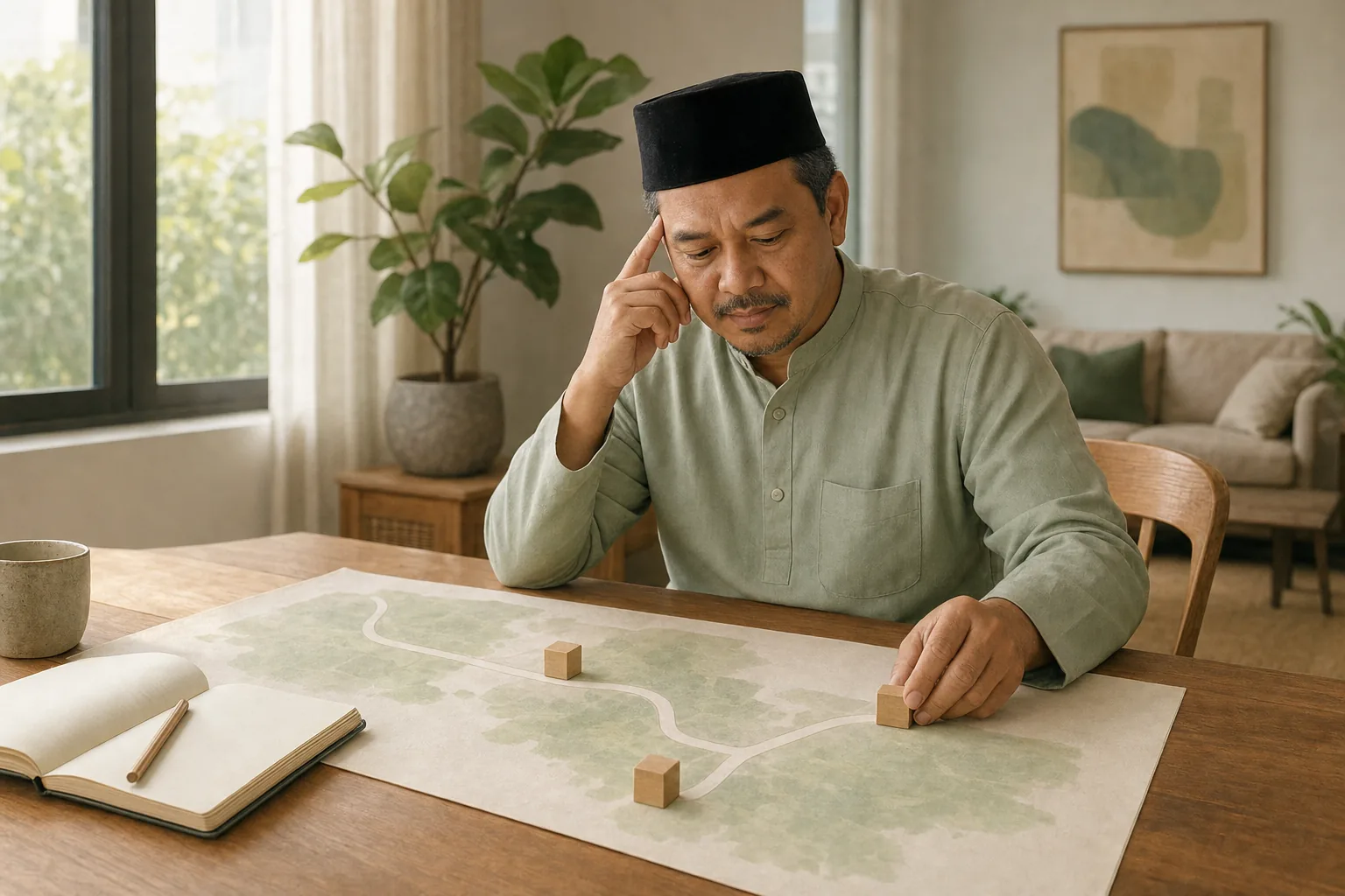 A person at a dining table studying a plain paper map with three small blank wooden blocks placed along one road, a notebook and a pencil beside them