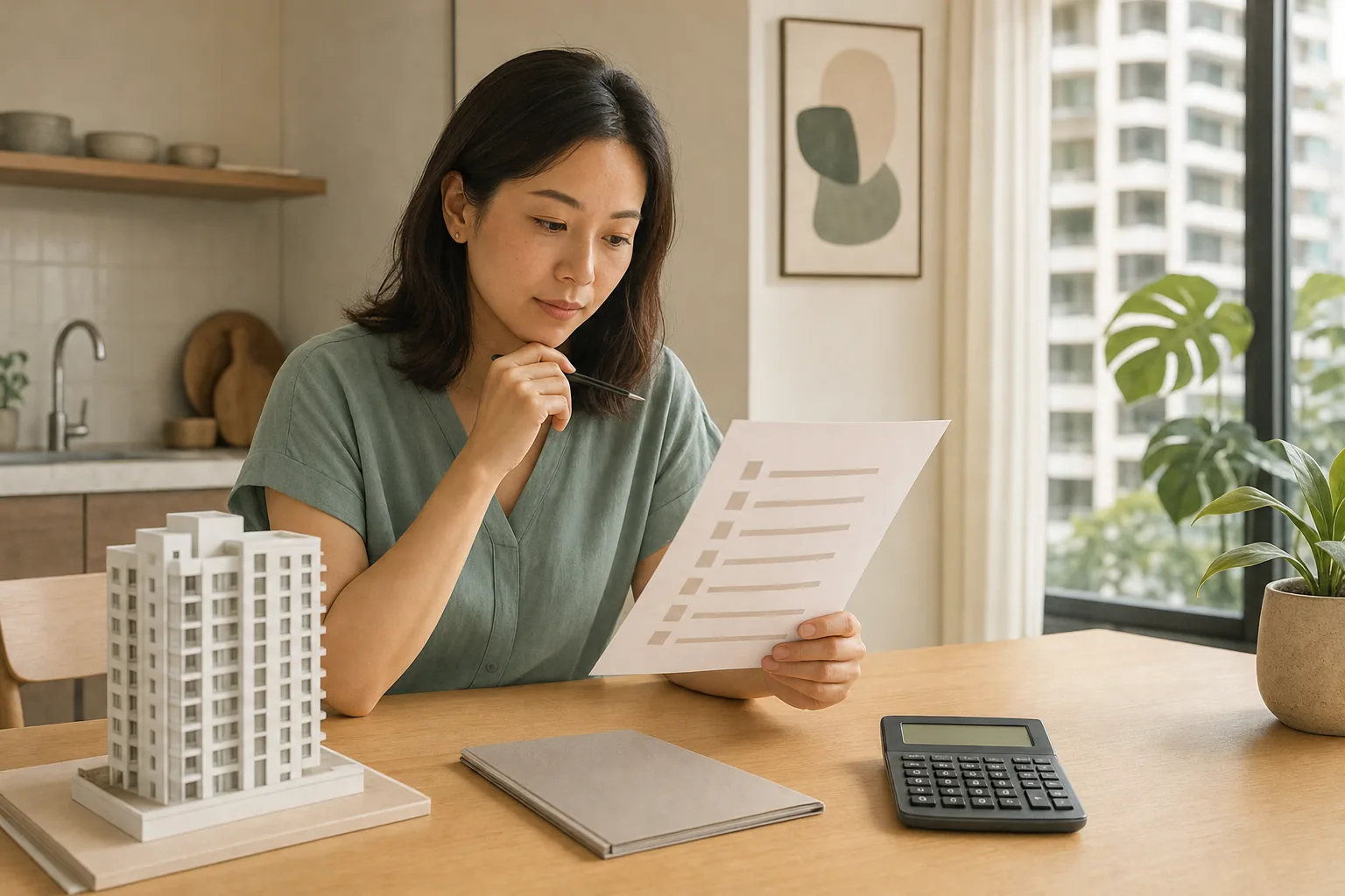 A person at a kitchen table comparing a printed checklist with a small plain model of an apartment block, a closed folder and a calculator beside them