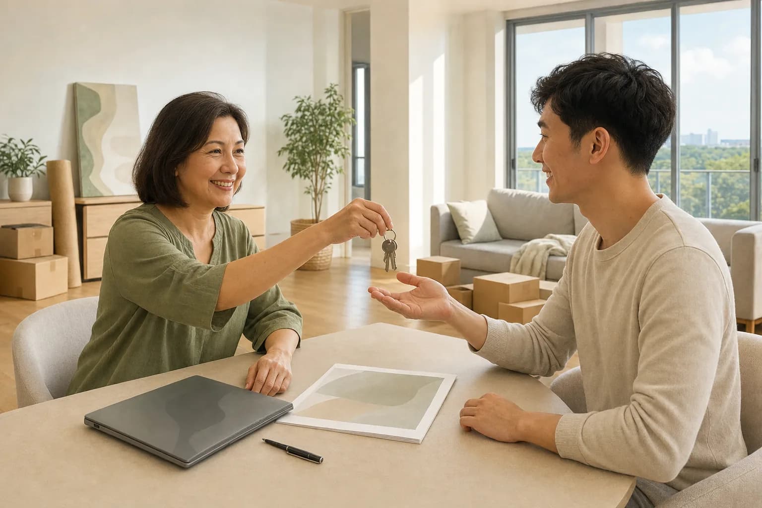 A landlord handing a set of keys to a tenant across a table in a bright, newly finished apartment, with a printed document and a laptop between them