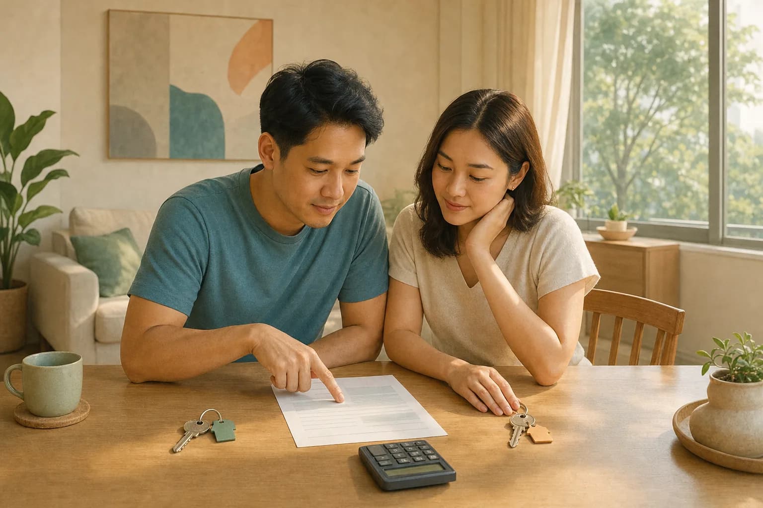 A couple at a dining table with two sets of keys, a sheet of paper and a calculator on the table