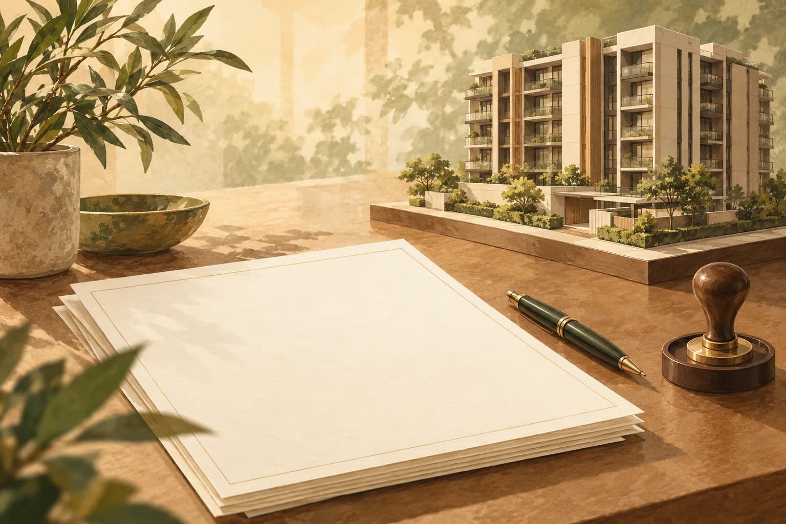 Conceptual illustration of blank purchase papers, a simple stamp and pen beside a generic apartment model.