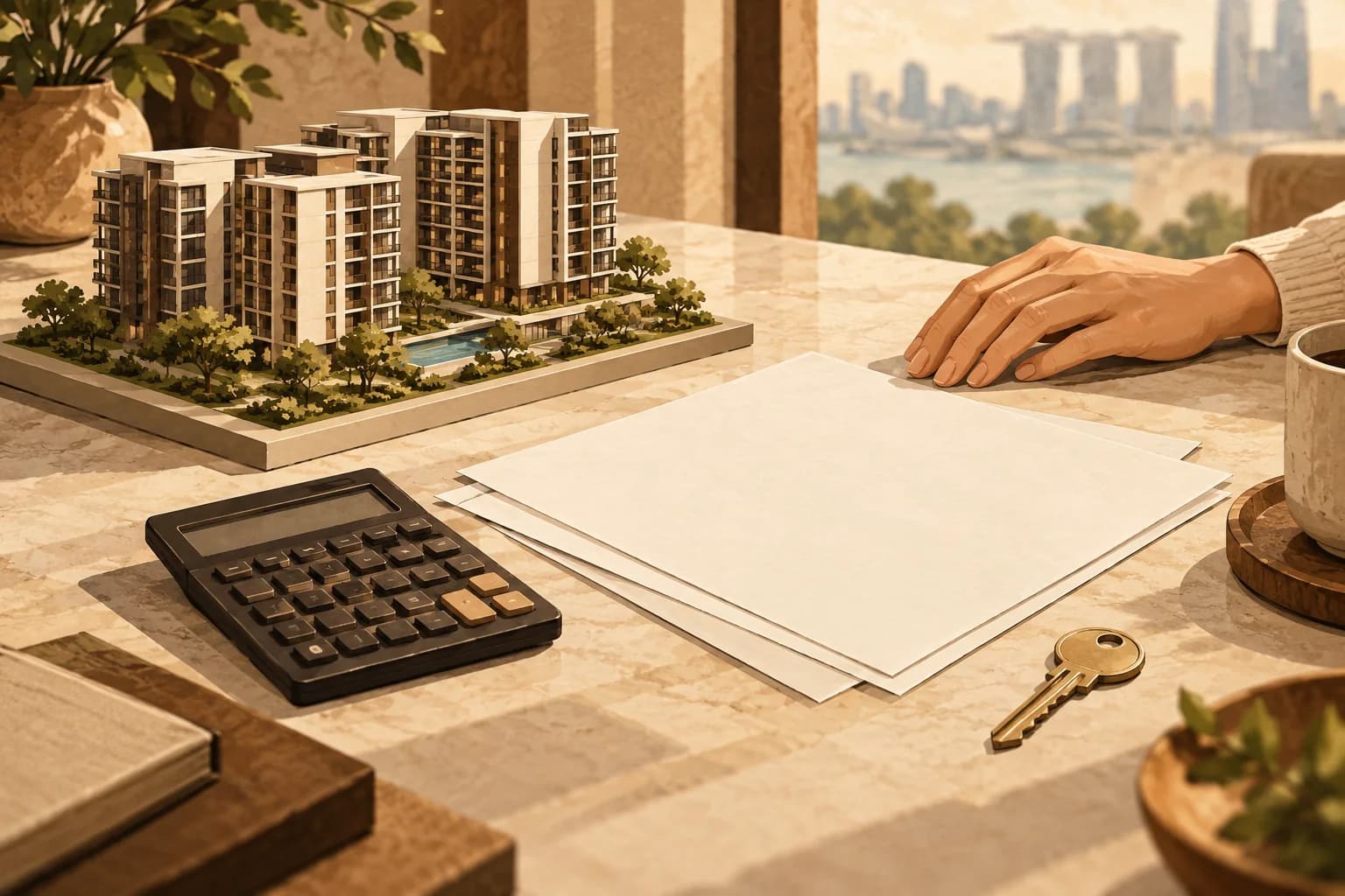 Conceptual illustration of an unbranded apartment model, blank document sheets, calculator and key on a desk.