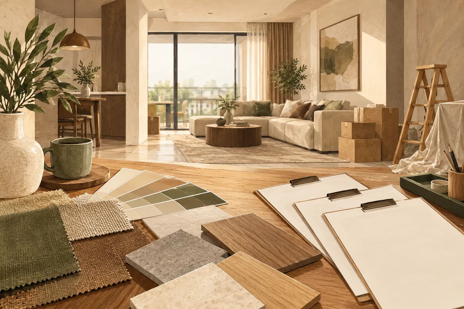 Conceptual illustration of a generic new apartment interior with paint swatches, floor samples and blank contractor quote sheets.