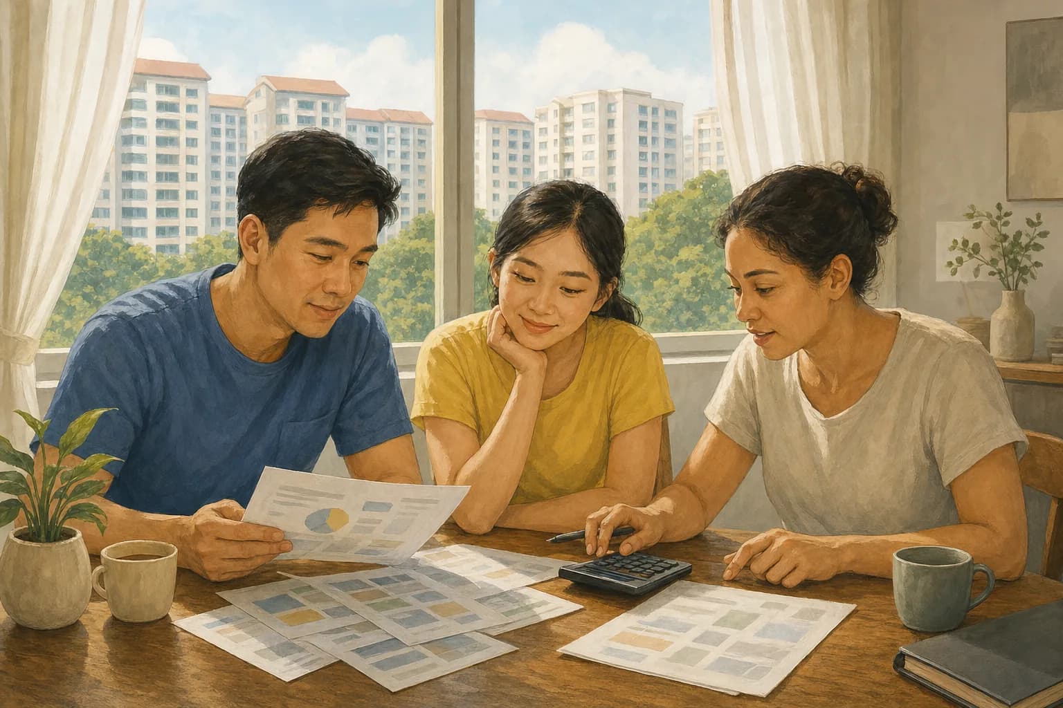 A family at a dining table comparing printed household budgets and a calculator, with a window view of residential blocks