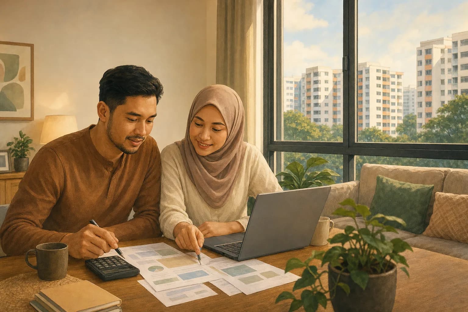A couple sitting at a table with a laptop, a calculator and papers, working through a home sale and purchase plan