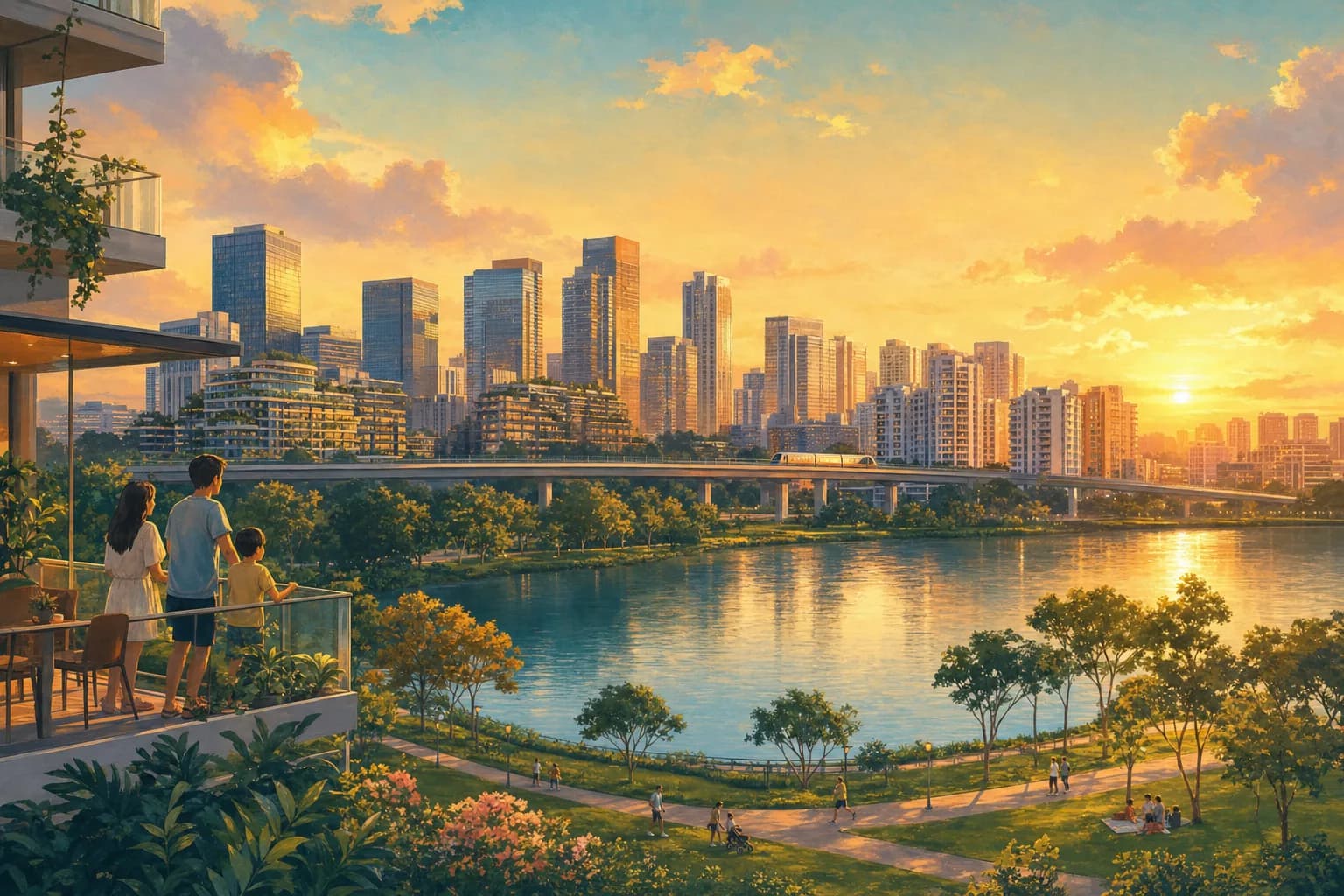 A wide view of a mixed district with offices, homes and an elevated rail line beside a large lake and park at sunset