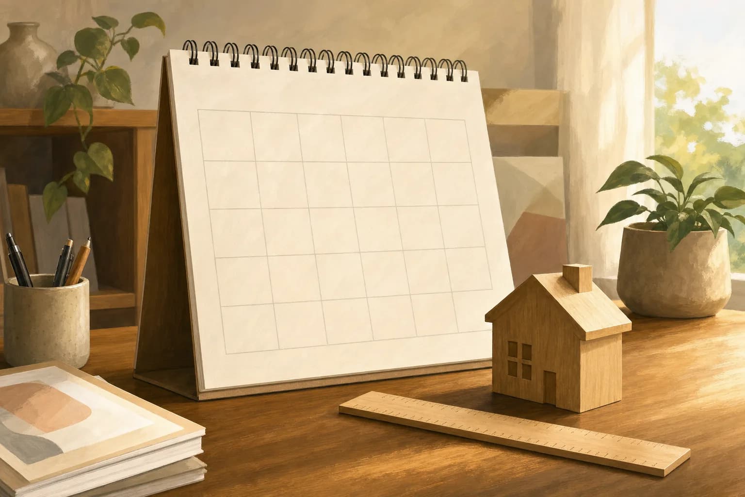 A large wall calendar beside a wooden house model and a ruler on a desk, suggesting years being counted