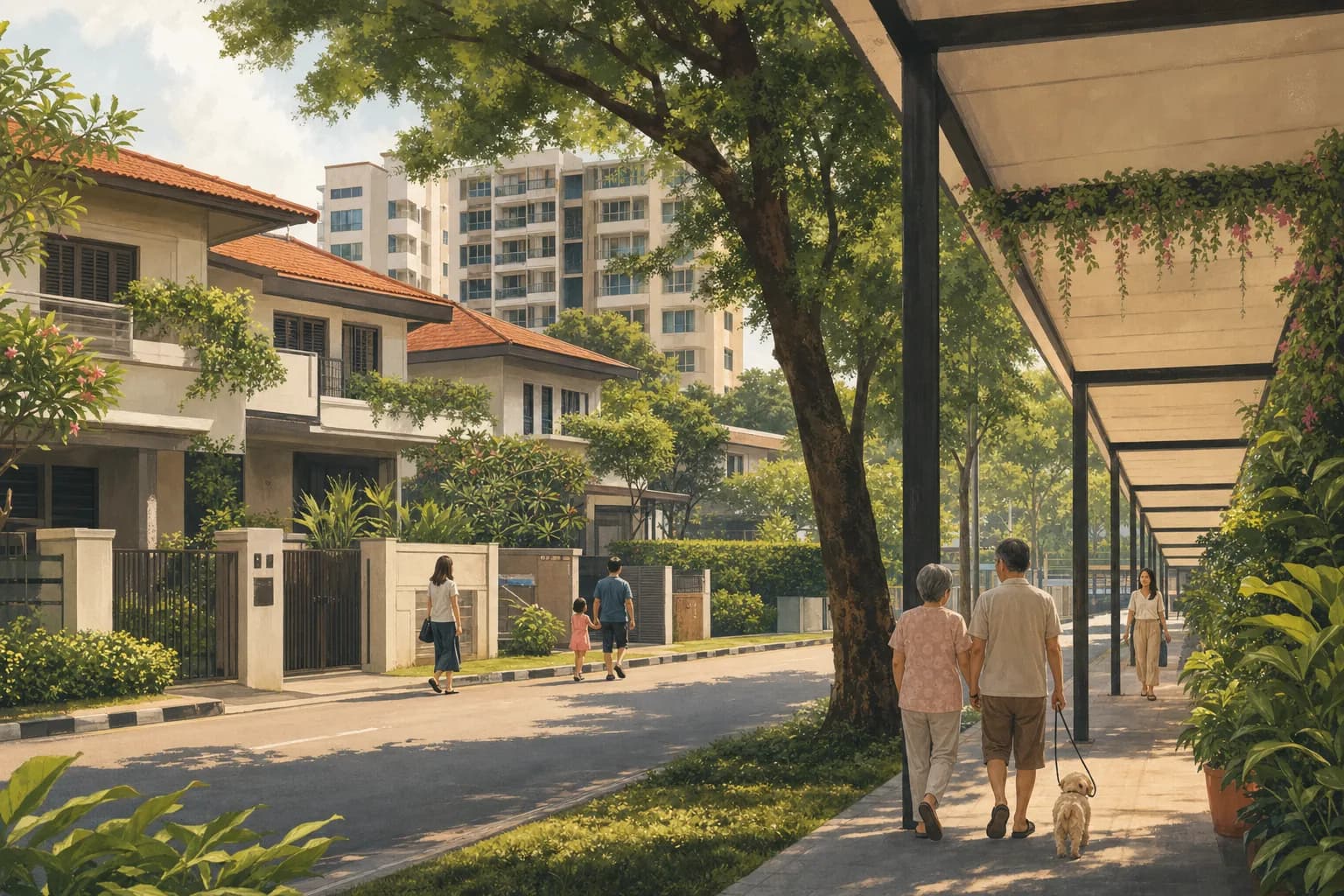 A quiet suburban street with low-rise houses and a mid-rise residential block behind trees, near an elevated walkway