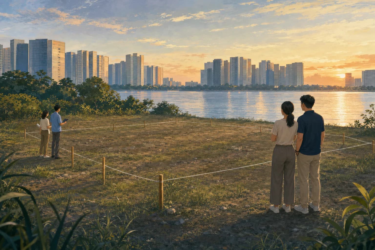 An empty waterfront land parcel marked with survey pegs, with tall buildings across the water at dusk