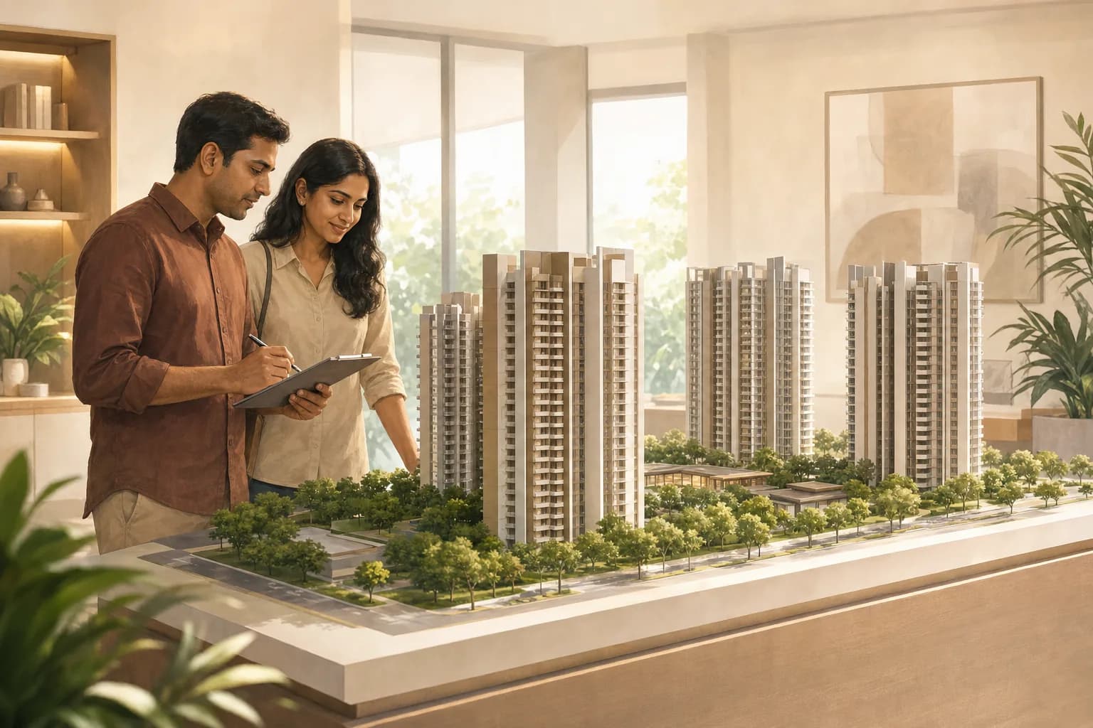 Two people at a scale model of residential towers in a bright showroom, one taking notes on a clipboard