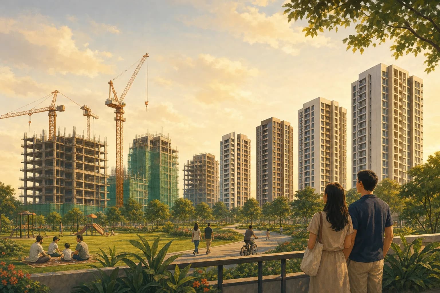 A row of residential towers under construction with cranes, next to finished blocks in late afternoon light