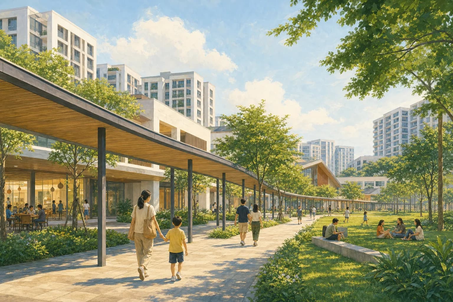 A new town centre with low-rise civic buildings, a covered walkway and young trees, with residential blocks in the background