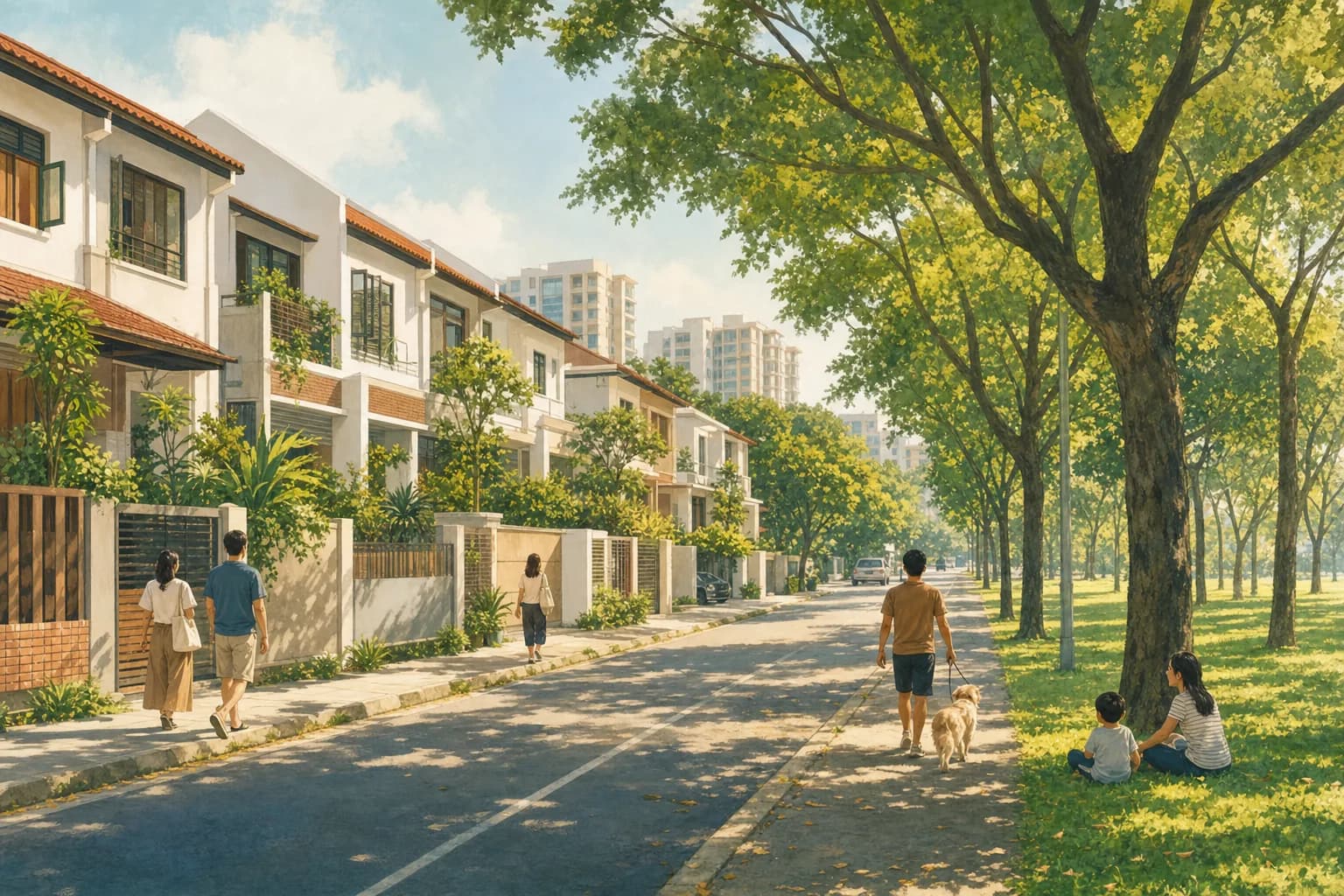A quiet tree-lined road beside a row of low-rise homes and a grassy verge on a sunny morning